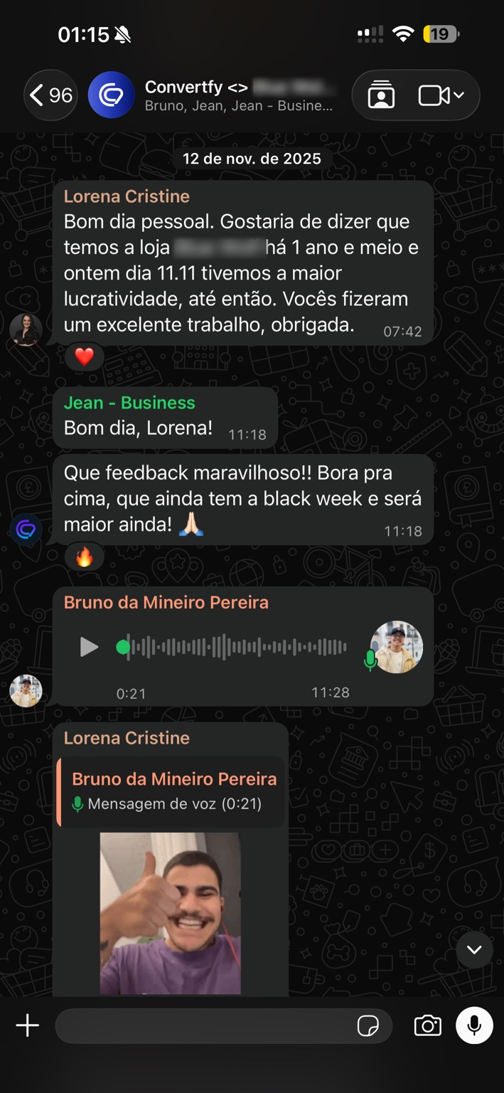 Cliente relatando a maior lucratividade da loja no 11.11 após a operação da Convertfy